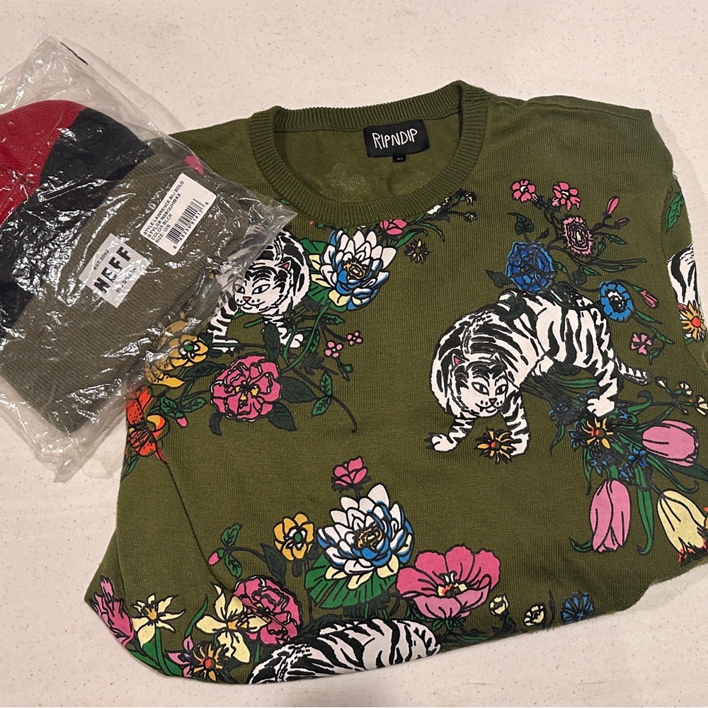 Ripndip Floral Tiger Nerm sweater - Green and neff Lawrence 3 tone Beanie